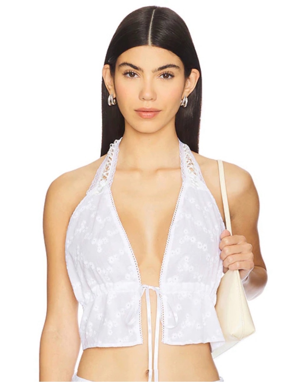 White Halter Eyelet Tie-Front Crop Top